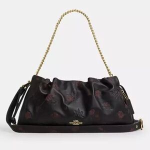 🖤🌹Coach NWT Faye Large Shoulder Bag/DarkWine Floral Print/Gold Chain & Hardware